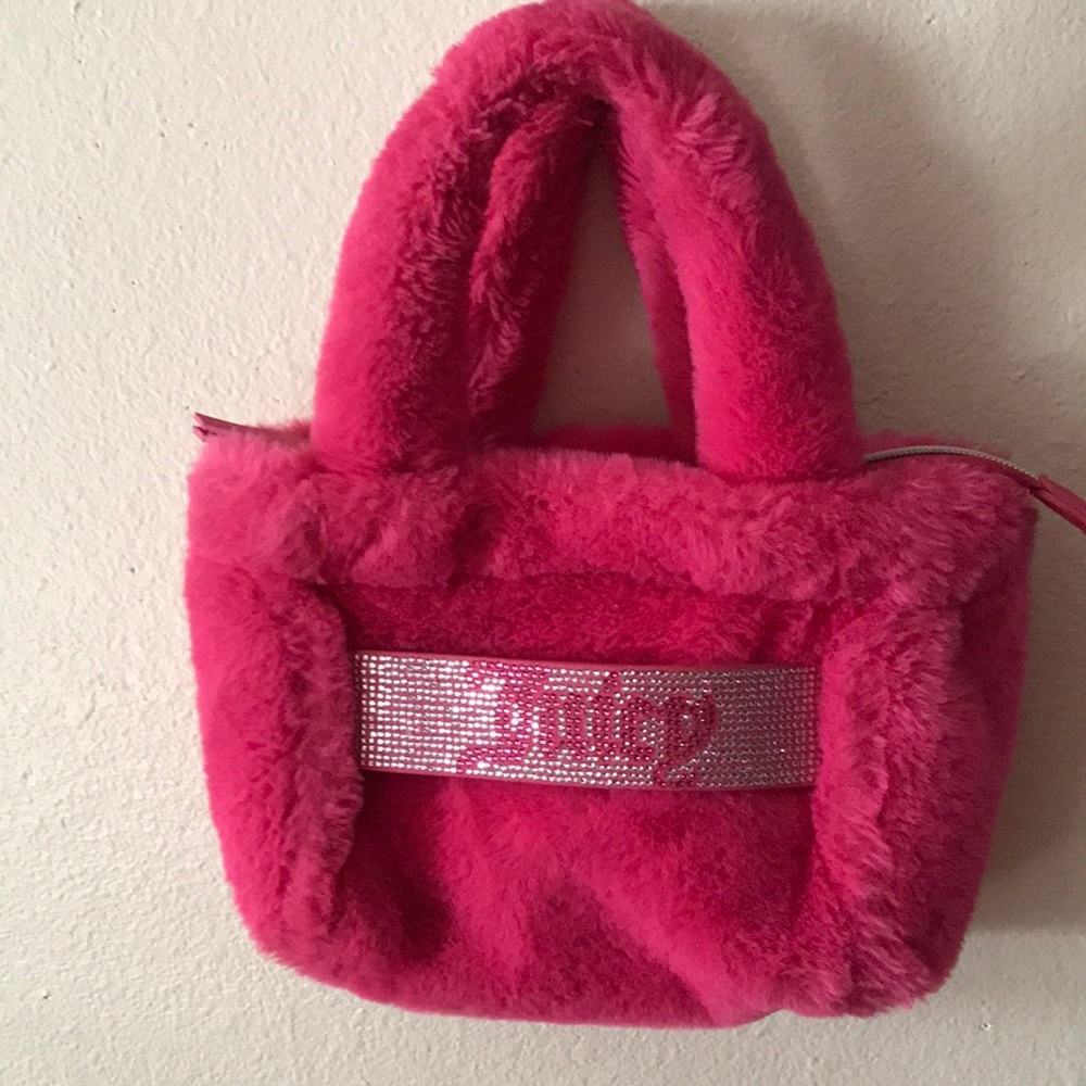 Juicy Couture Hot Pink Faux Fur Mini Tote with Rhinestone Band